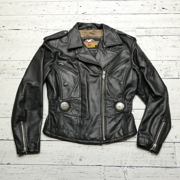 Harley-Davidson Jacket Womens Small Leather Embossed Moto Biker Studded Rose - Picture 1 of 11